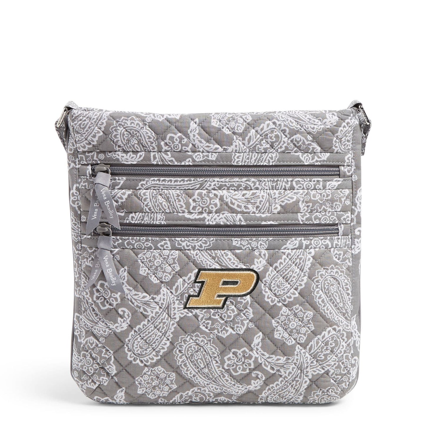 Collegiate Triple Zip Hipster Crossbody-Gray/White Bandana with Purdue Univeristy Logo-Image 1-Vera Bradley